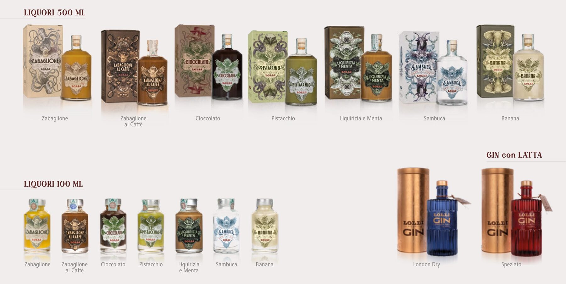 Liquori 500 ml · Liquori 100 ml · Gin con latta